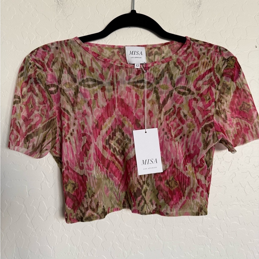 MISA Los Angeles Pink Patterned Sheer Crop Top - NEW WITH TAGS - XS